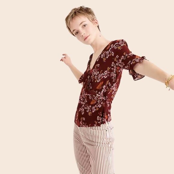 Madewell Crimson Tie-Sleeve Wrap Top in Butterfly Sanctuary Size 8 - Picture 2 of 15